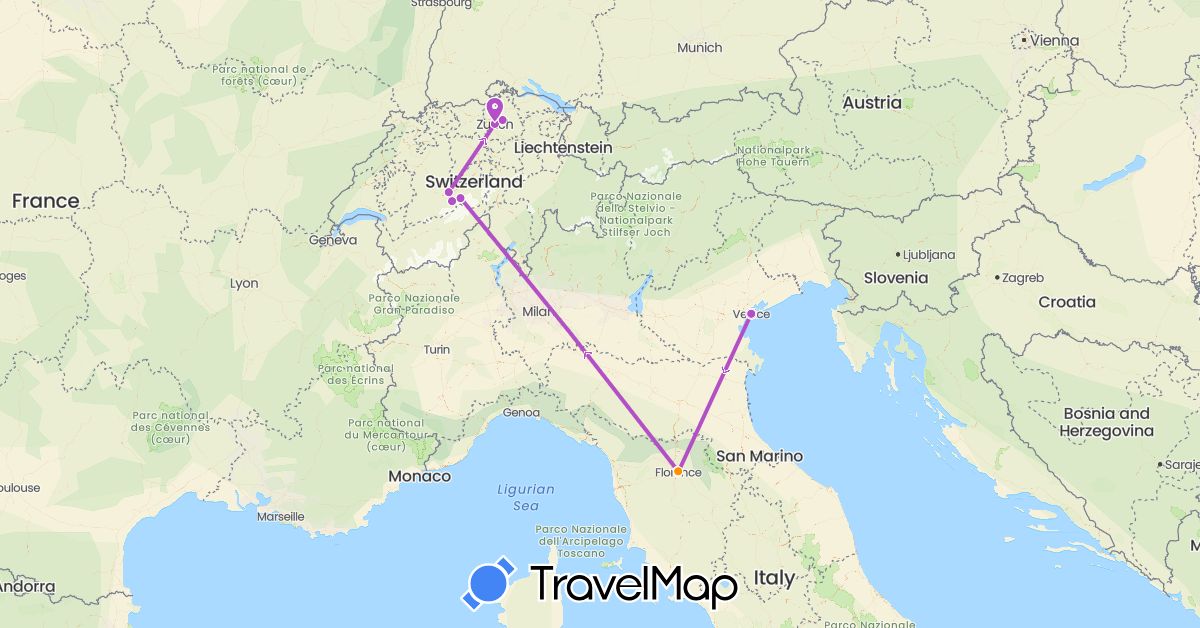 TravelMap itinerary: train, hitchhiking in Switzerland, Italy (Europe)